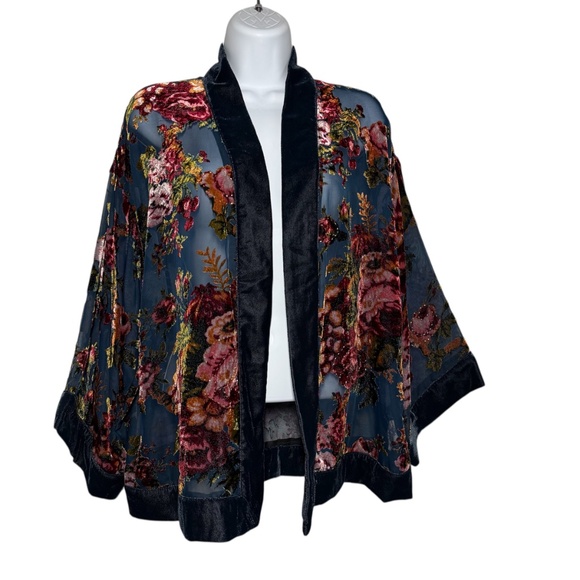 Soft Surroundings Velvet Burnout Kimono Jacket Topper Beaded Large L XL Blue - Picture 1 of 9